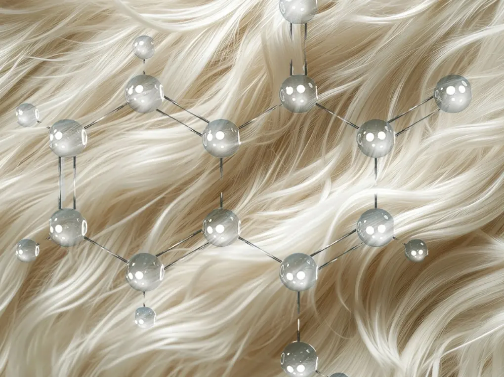 分子構造が浮かぶ、ツヤのある美しい金髪の髪束